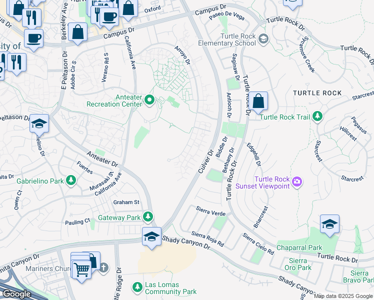 map of restaurants, bars, coffee shops, grocery stores, and more near 63031 Arroyo Drive in Irvine
