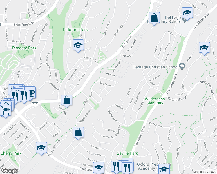 map of restaurants, bars, coffee shops, grocery stores, and more near 26532 Kari Brook in Lake Forest