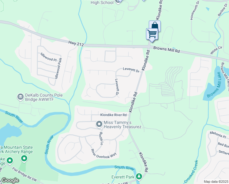 map of restaurants, bars, coffee shops, grocery stores, and more near 6257 Leverett Drive in Lithonia