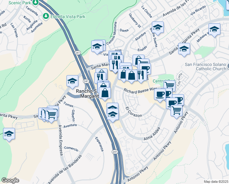 map of restaurants, bars, coffee shops, grocery stores, and more near 75 Avenida de las Flores in Rancho Santa Margarita
