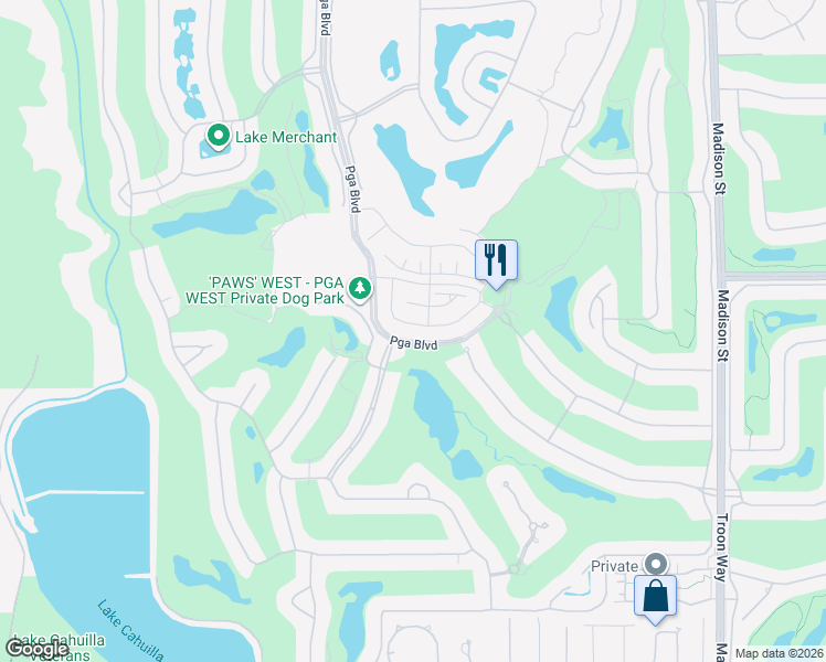 map of restaurants, bars, coffee shops, grocery stores, and more near 80253 Platinum Way in La Quinta