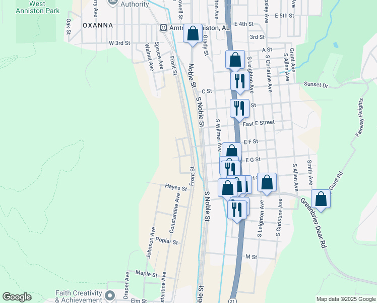 map of restaurants, bars, coffee shops, grocery stores, and more near 506 Front Street in Anniston
