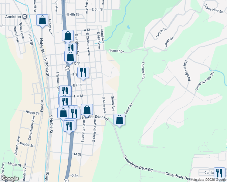 map of restaurants, bars, coffee shops, grocery stores, and more near 525 Smith Avenue in Anniston
