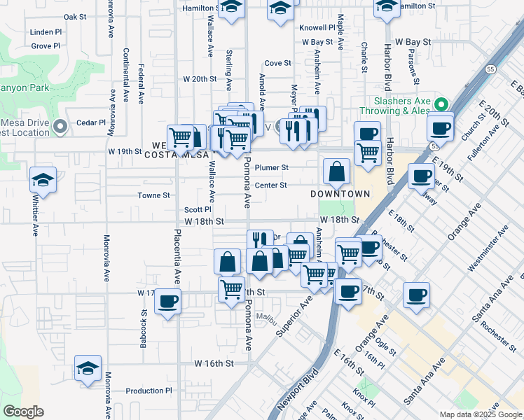 map of restaurants, bars, coffee shops, grocery stores, and more near 680 West 18th Street in Costa Mesa
