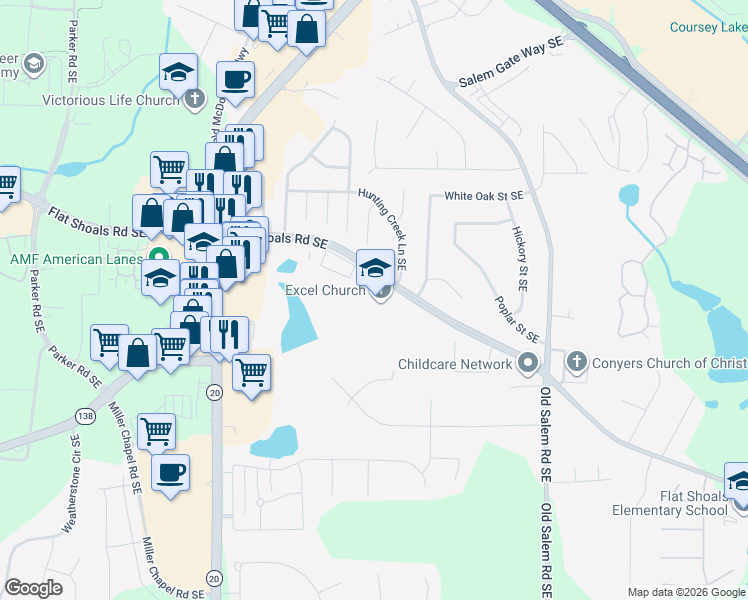 map of restaurants, bars, coffee shops, grocery stores, and more near 1151 Flat Shoals Road Southeast in Conyers