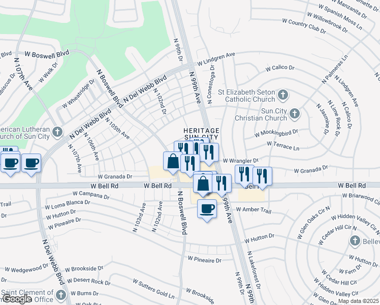 map of restaurants, bars, coffee shops, grocery stores, and more near 17207 North Boswell Boulevard in Sun City