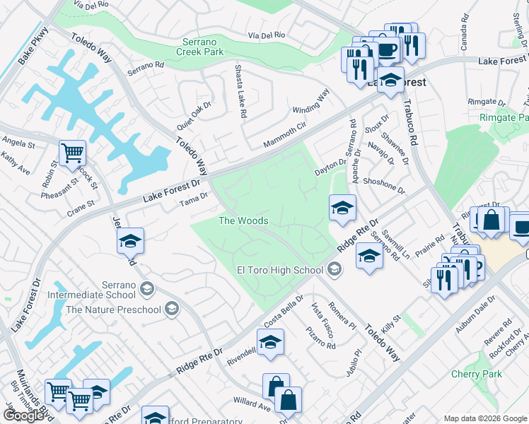 map of restaurants, bars, coffee shops, grocery stores, and more near 24945 Valley Rim Terrace in Lake Forest