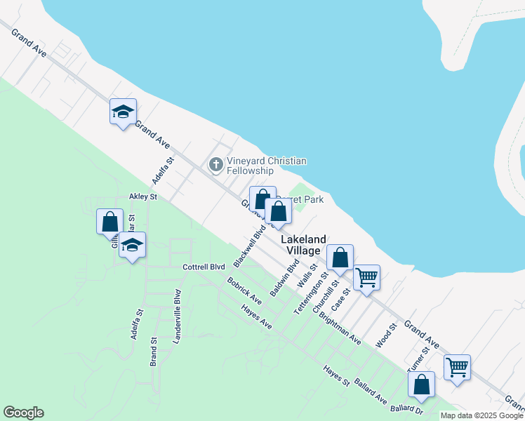 map of restaurants, bars, coffee shops, grocery stores, and more near 17566 Grand Avenue in Lake Elsinore