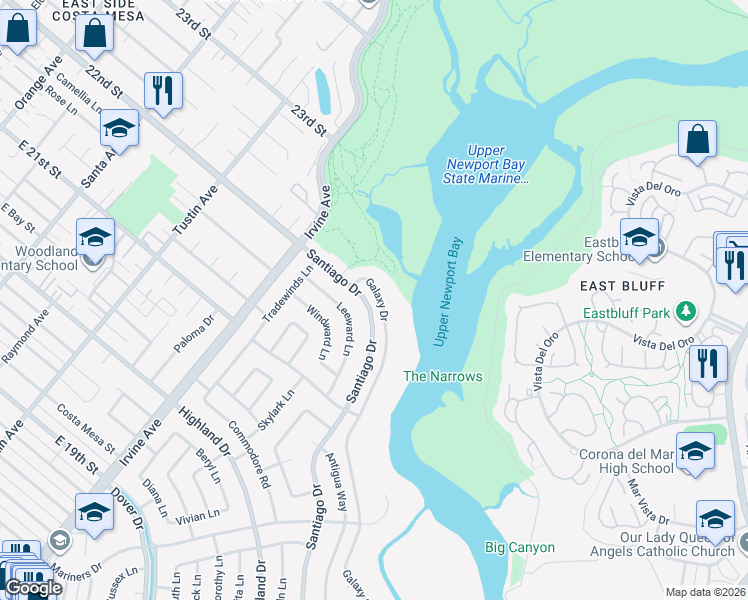 map of restaurants, bars, coffee shops, grocery stores, and more near 2000 Galaxy Drive in Newport Beach
