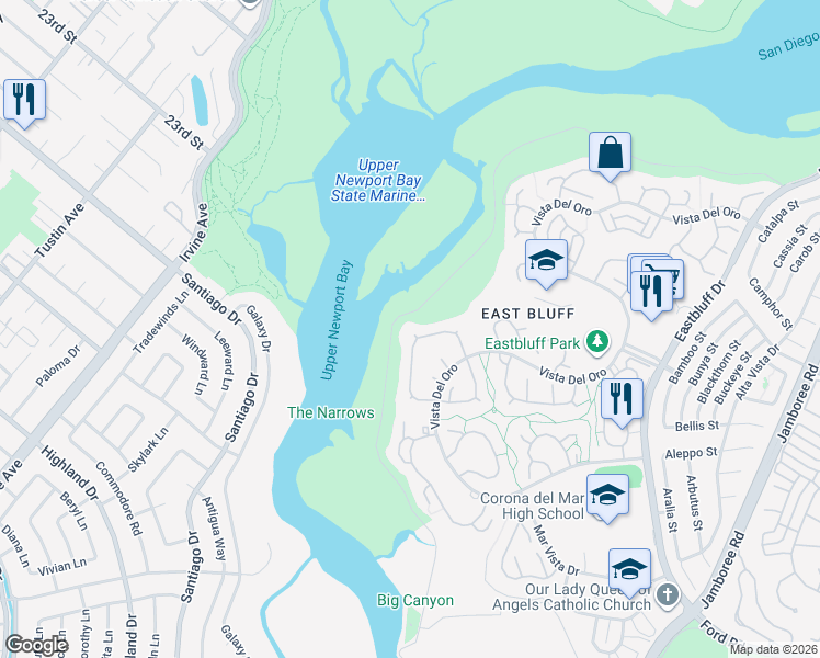map of restaurants, bars, coffee shops, grocery stores, and more near 303 Esperanza in Newport Beach