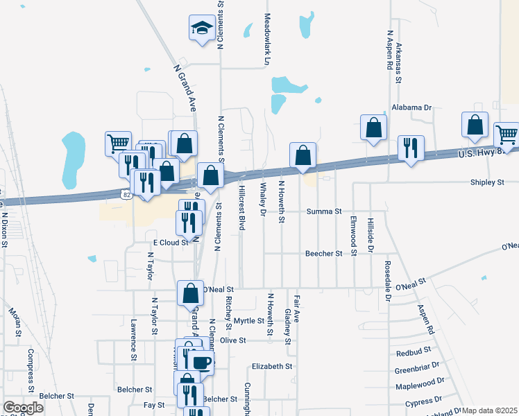 map of restaurants, bars, coffee shops, grocery stores, and more near 1303 Whaley Drive in Gainesville