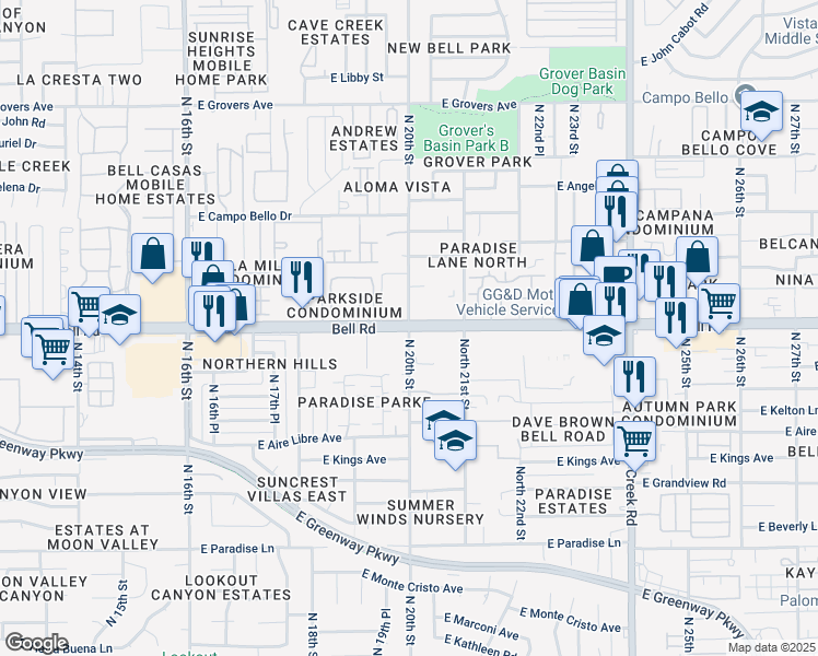 map of restaurants, bars, coffee shops, grocery stores, and more near E Bell Rd & N 20th St in Phoenix