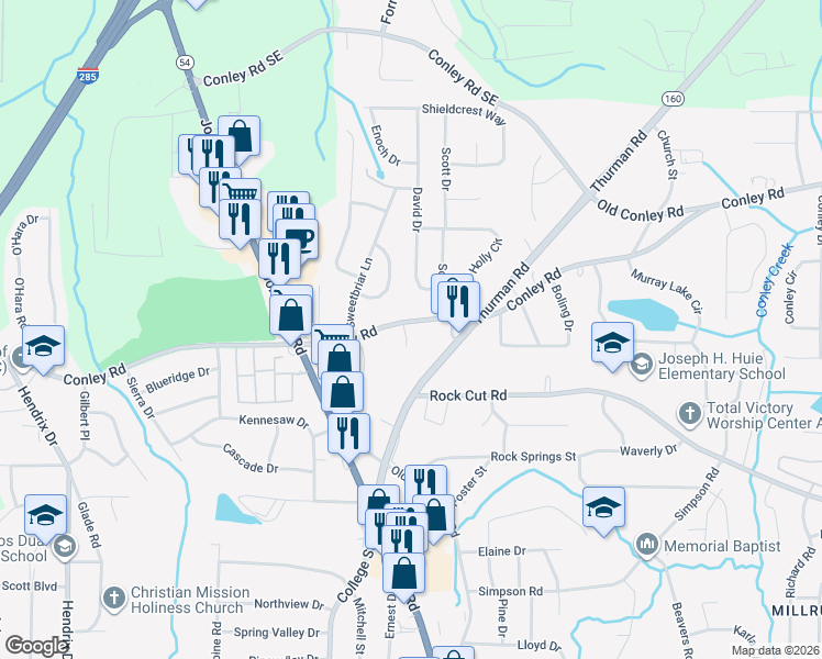 map of restaurants, bars, coffee shops, grocery stores, and more near 989 Conley Road in Forest Park