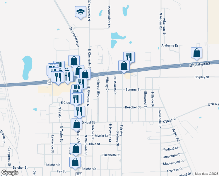 map of restaurants, bars, coffee shops, grocery stores, and more near 1303 Whaley Drive in Gainesville