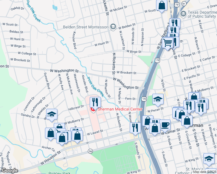 map of restaurants, bars, coffee shops, grocery stores, and more near 602 North Ricketts Street in Sherman