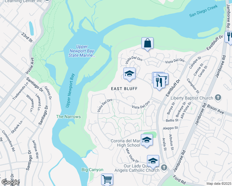 map of restaurants, bars, coffee shops, grocery stores, and more near 415 Vista Grande in Newport Beach