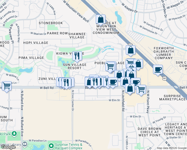 map of restaurants, bars, coffee shops, grocery stores, and more near West Arapaho Trail in Surprise