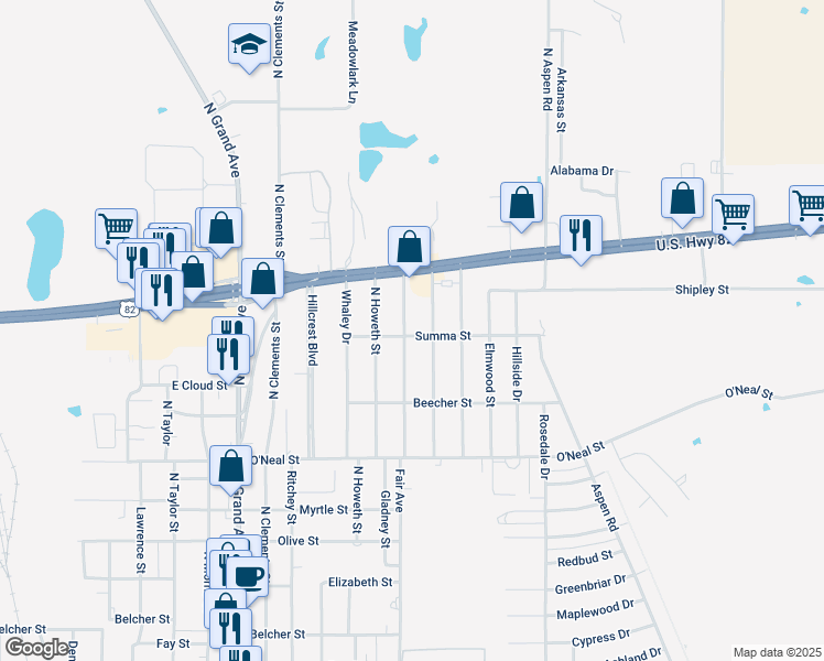 map of restaurants, bars, coffee shops, grocery stores, and more near 1302 Fair Avenue in Gainesville