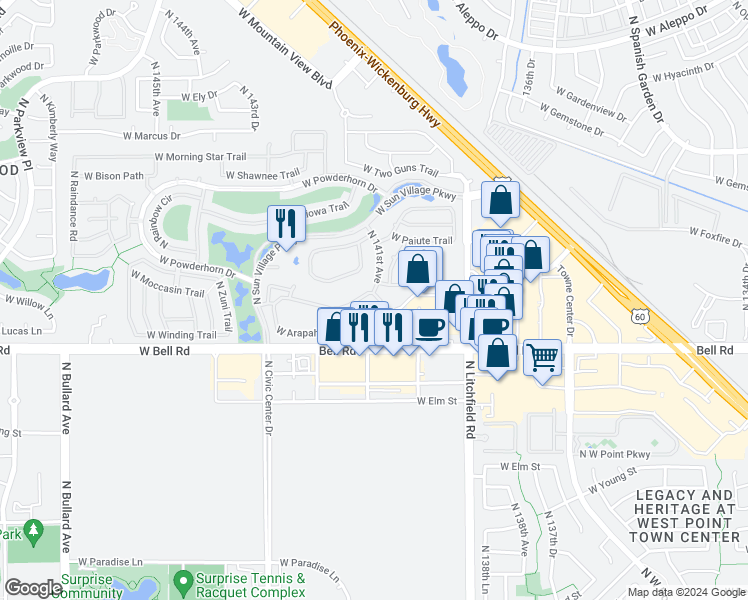 map of restaurants, bars, coffee shops, grocery stores, and more near 14067 West Windsong Trail in Surprise