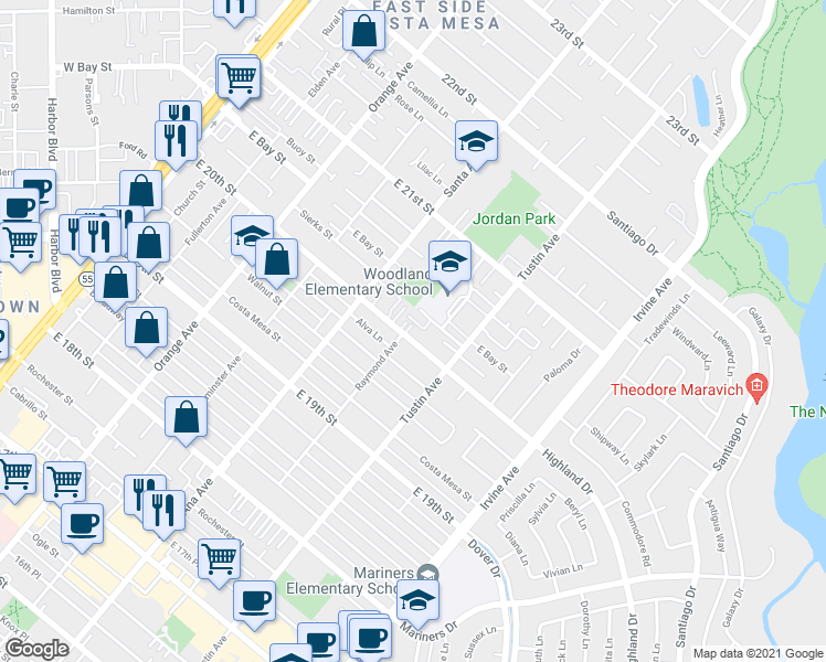 map of restaurants, bars, coffee shops, grocery stores, and more near 359 Woodland Place in Costa Mesa