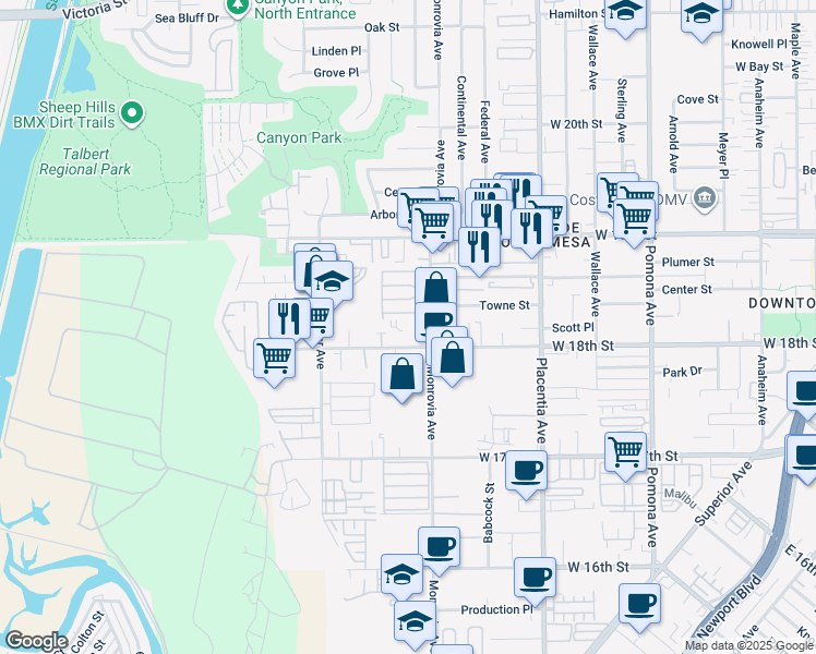 map of restaurants, bars, coffee shops, grocery stores, and more near 1870 Anaheim Avenue in Costa Mesa