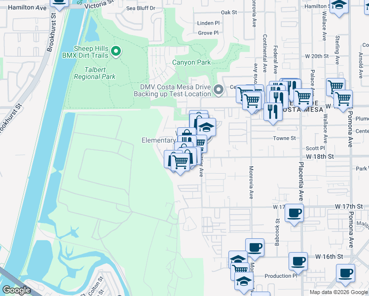 map of restaurants, bars, coffee shops, grocery stores, and more near 1032 West 18th Street in Costa Mesa
