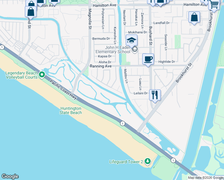 map of restaurants, bars, coffee shops, grocery stores, and more near 9202 Christine Drive in Huntington Beach