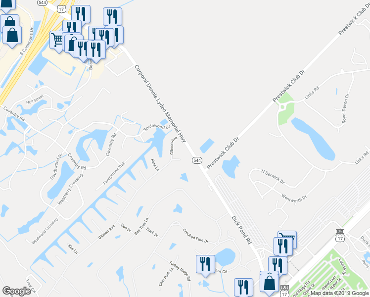 map of restaurants, bars, coffee shops, grocery stores, and more near 1919 Dick Pond Road in Myrtle Beach