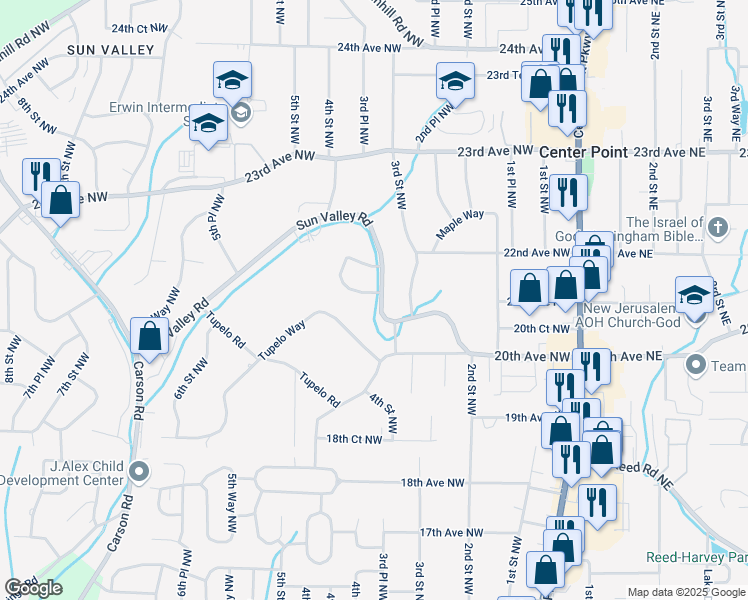 map of restaurants, bars, coffee shops, grocery stores, and more near 390 Sun Valley Circle in Center Point