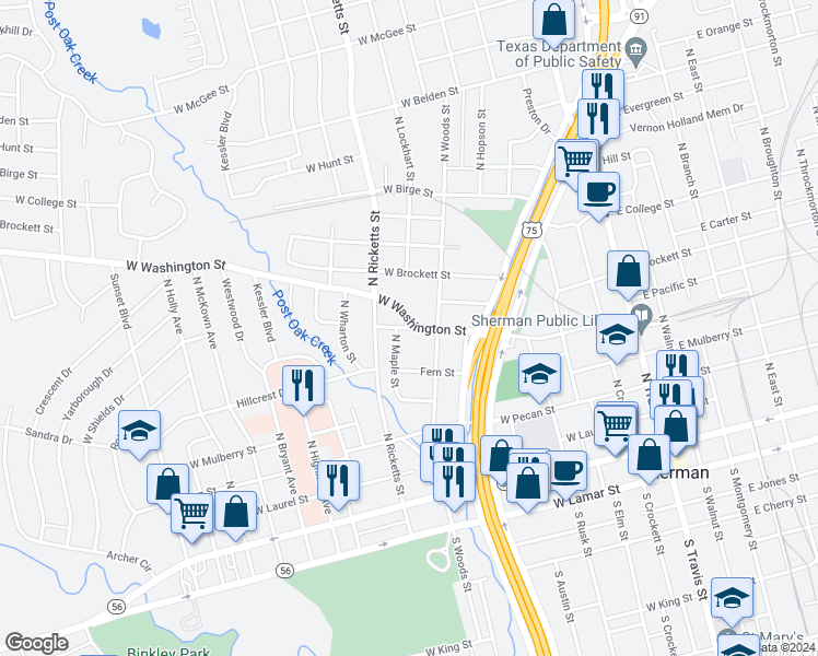 map of restaurants, bars, coffee shops, grocery stores, and more near 900 West Washington Street in Sherman