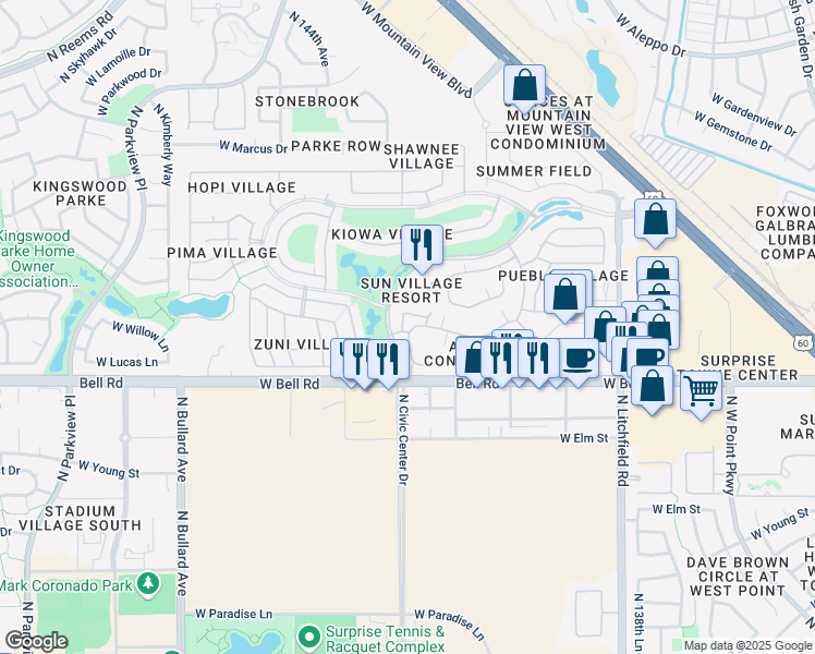 map of restaurants, bars, coffee shops, grocery stores, and more near 17215 North Flowing River Trail in Surprise