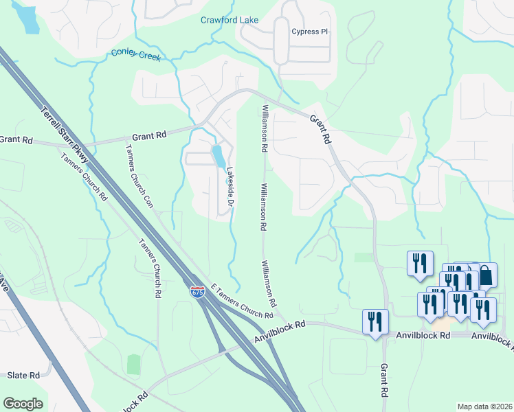 map of restaurants, bars, coffee shops, grocery stores, and more near 4179 Williamson Road in Ellenwood