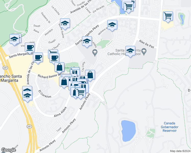map of restaurants, bars, coffee shops, grocery stores, and more near 2 Vía Cordoba in Rancho Santa Margarita