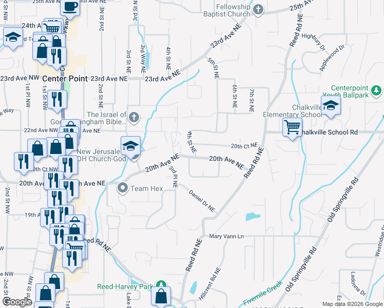 map of restaurants, bars, coffee shops, grocery stores, and more near 2000 4th St NE in Center Point