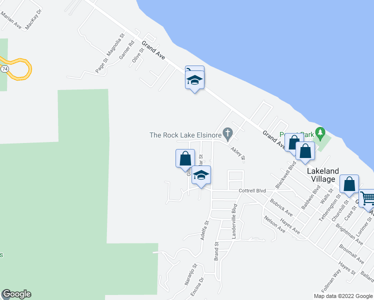 map of restaurants, bars, coffee shops, grocery stores, and more near 33133 Gillette Street in Lake Elsinore