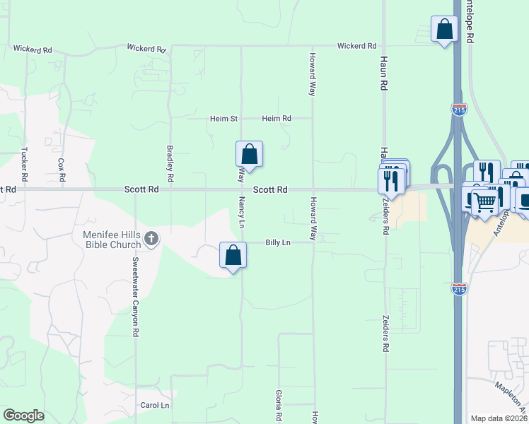 map of restaurants, bars, coffee shops, grocery stores, and more near 27355 Scott Road in Menifee