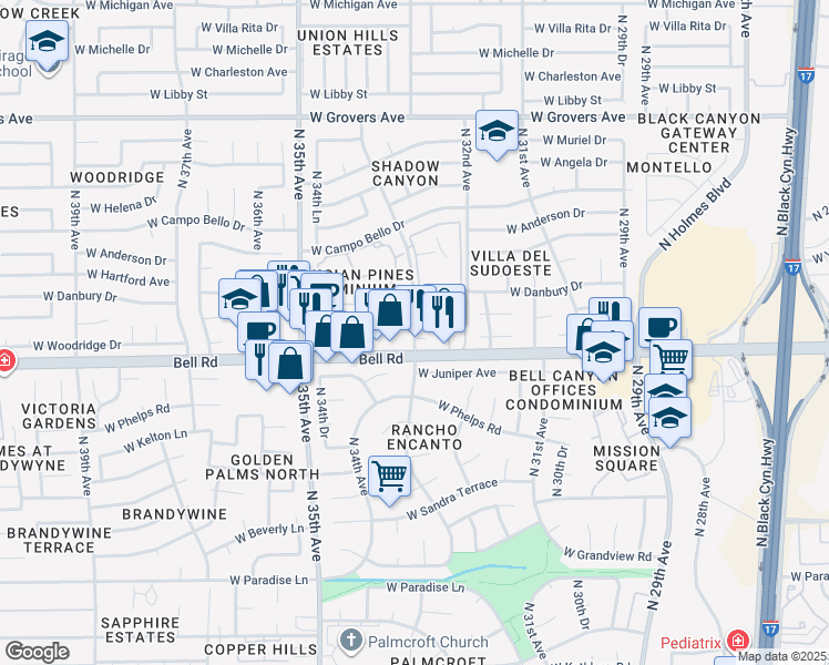map of restaurants, bars, coffee shops, grocery stores, and more near 17039 North 33rd Avenue in Phoenix