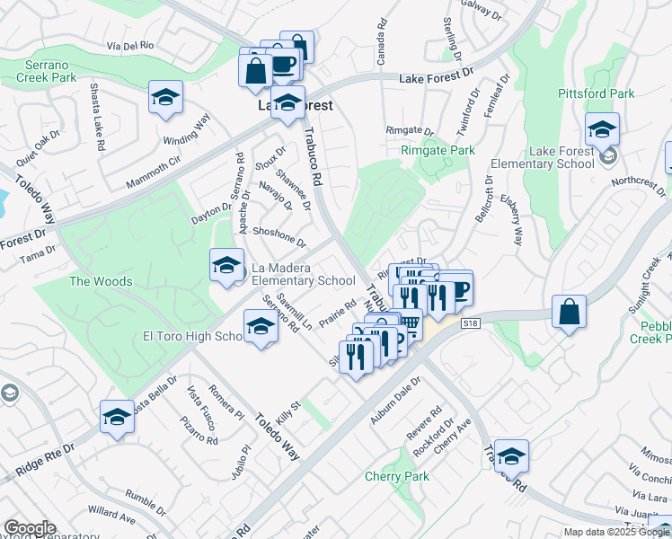 map of restaurants, bars, coffee shops, grocery stores, and more near 25612 Hazelnut Lane in Lake Forest