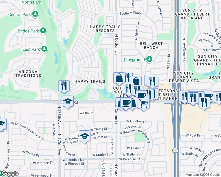 map of restaurants, bars, coffee shops, grocery stores, and more near 1151 North Buckthorn in Surprise