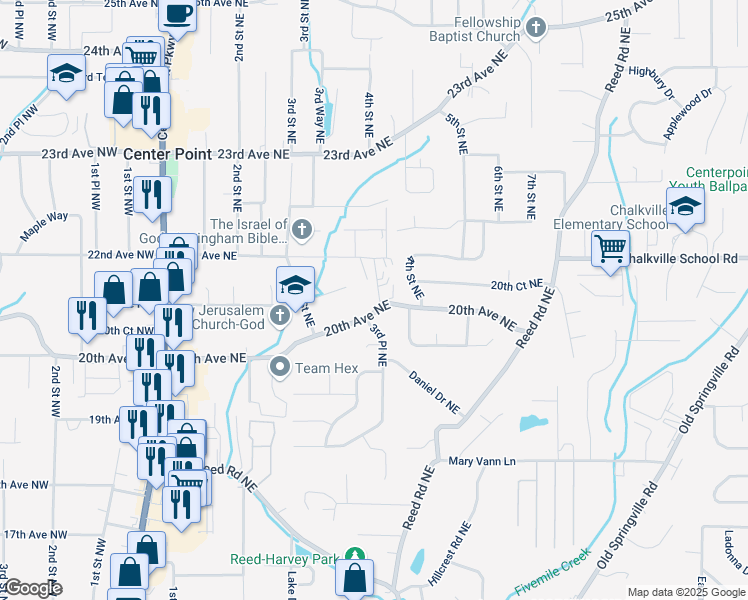 map of restaurants, bars, coffee shops, grocery stores, and more near 340 20th Avenue Northeast in Center Point