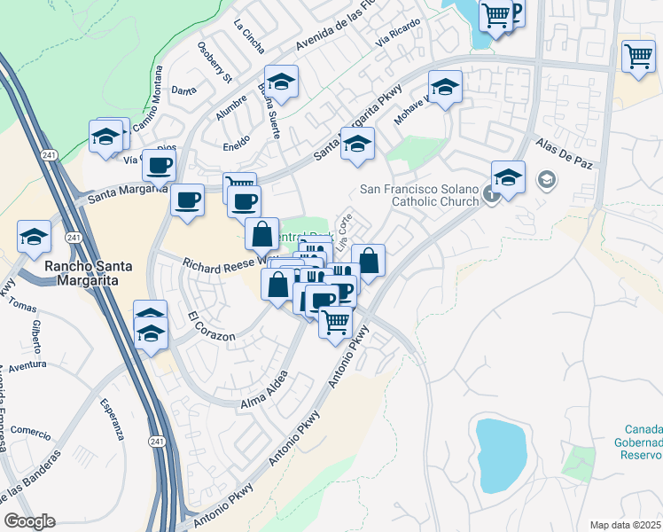 map of restaurants, bars, coffee shops, grocery stores, and more near 18 Paseo Dalia in Rancho Santa Margarita