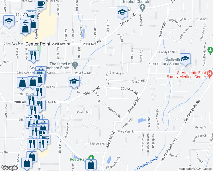 map of restaurants, bars, coffee shops, grocery stores, and more near 352 20th Avenue Northeast in Center Point