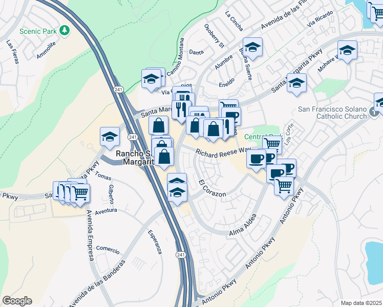 map of restaurants, bars, coffee shops, grocery stores, and more near 47 Vía Vicini in Rancho Santa Margarita