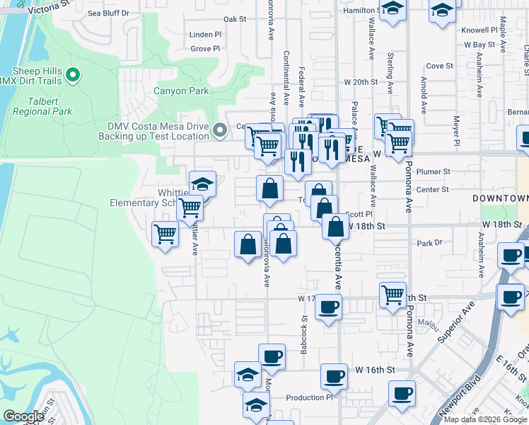 map of restaurants, bars, coffee shops, grocery stores, and more near 1820 Monrovia Avenue in Costa Mesa