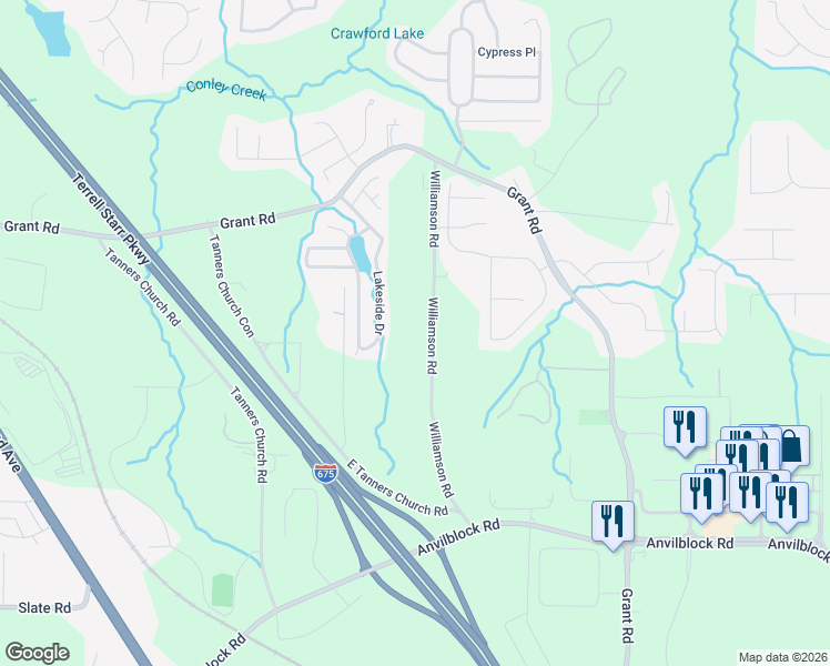 map of restaurants, bars, coffee shops, grocery stores, and more near 4179 Williamson Road in Ellenwood
