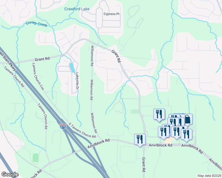 map of restaurants, bars, coffee shops, grocery stores, and more near 4039 Village Crossing Circle in Ellenwood
