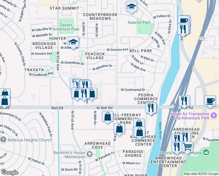map of restaurants, bars, coffee shops, grocery stores, and more near 17270 North 87th Avenue in Peoria