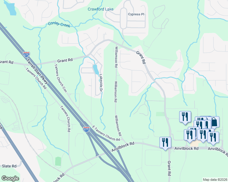 map of restaurants, bars, coffee shops, grocery stores, and more near 4179 Williamson Road in Ellenwood