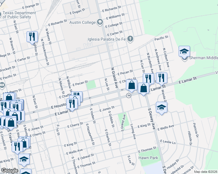 map of restaurants, bars, coffee shops, grocery stores, and more near 1402 Chaffin Street in Sherman