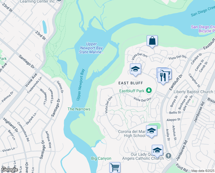 map of restaurants, bars, coffee shops, grocery stores, and more near 2175 Vista Entrada in Newport Beach